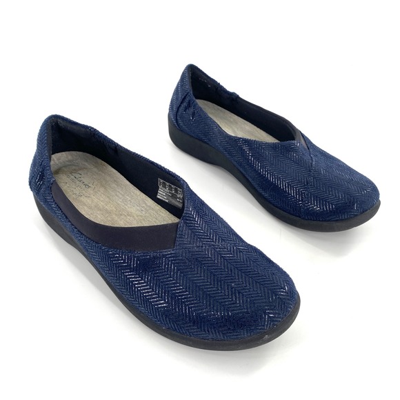 Clarks Cloudstepper Sillian Womens Blue Herringbone SlipOn Comfort Loafers Shoes - Picture 1 of 8
